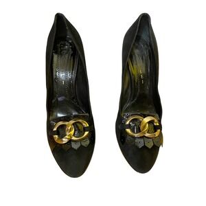 Casadei Black Suede Platform Heels‎ Gold Chain Detail Women Size 9 /40 Classic
